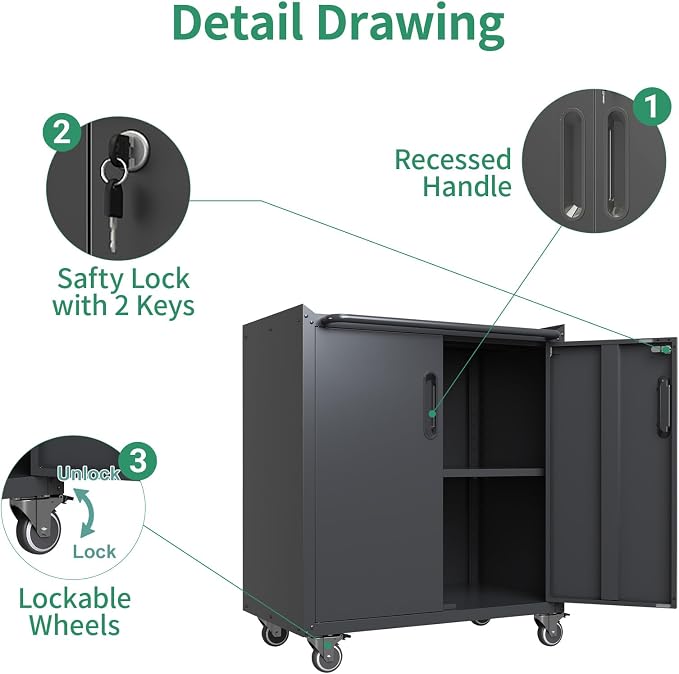 Garage Storage Cabinet System,Wall Cabinet & Locking Rolling Tool Cabinet with Doors and Adjustable Shelves