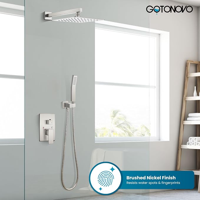 gotonovo Shower Faucet Set with Handheld Spray Brushed Nickel,12'' Head | SUS304 Rainfall Shower Head and Handle Set System Fixture,Pressure Balance Valve Trim Kit,Single Handle,Wall Mount,All Metal