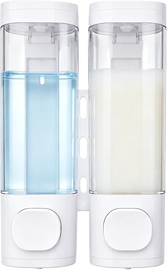 2-Chamber 10oz/300ML White Plastic Hand Wall Mounted Soap Dispensers | Refillable Shampoo Conditioner Shower Dispenser No Drill, Clear Manual Pump Dispenser for Bathroom Hotel Kitchen