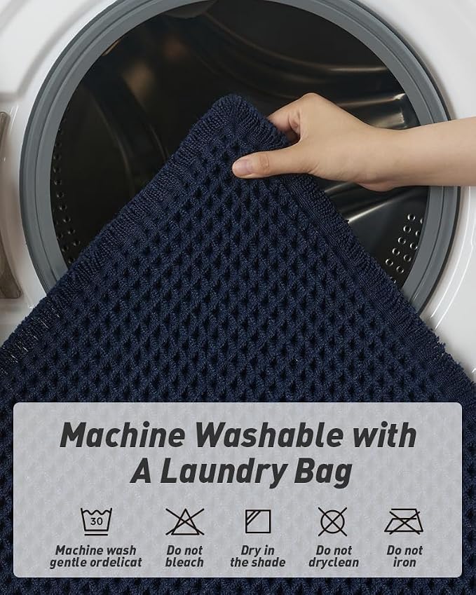 Upgraded Waffle Runner Rug Super Absorbent Non Slip Bath Mats for Bathroom, Washable Bathroom Runner Rug with Tassels, Ideal for Hallway Bedroom Laundry Room, Brown, 2'x 4'(24" x 48"), Navy Blue