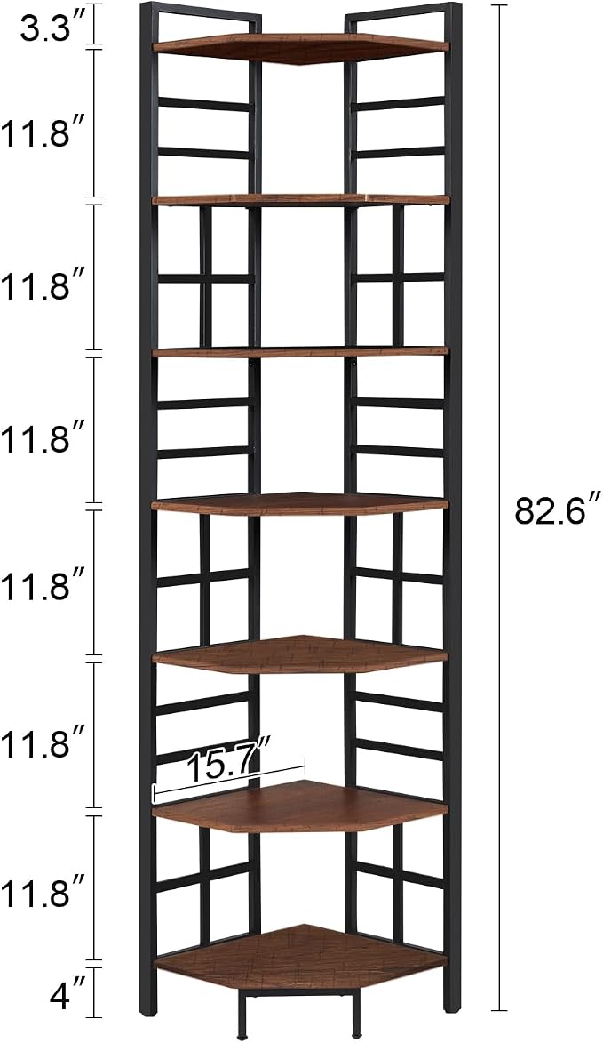 HOMISSUE Corner Shelf, 7 Tier Tall Narrow Bookshelf 82.6", Industrial Corner Bookcase with Storage for Home Office Living Room and Bedroom, Brown