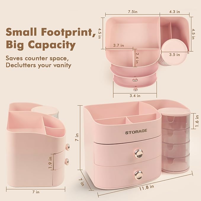 Makeup Organizer Countertop, Make Up Organizer for Vanity | Skincare & Cosmetic Organizers with Drawers, Bathroom Storage for Brush Holder|Lipstick|Jewelry, Ideal Gift for Women, Pink