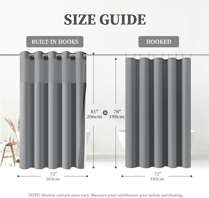 72x81 Ringless Linen Textured Shower Curtain with Snap in Liner, Grey | Tall Size, 3 in 1 Shower Curtain Set, Removable Liner, Waterproof & Washable, Mesh Top Window, Durable Fabric, Easy Setup
