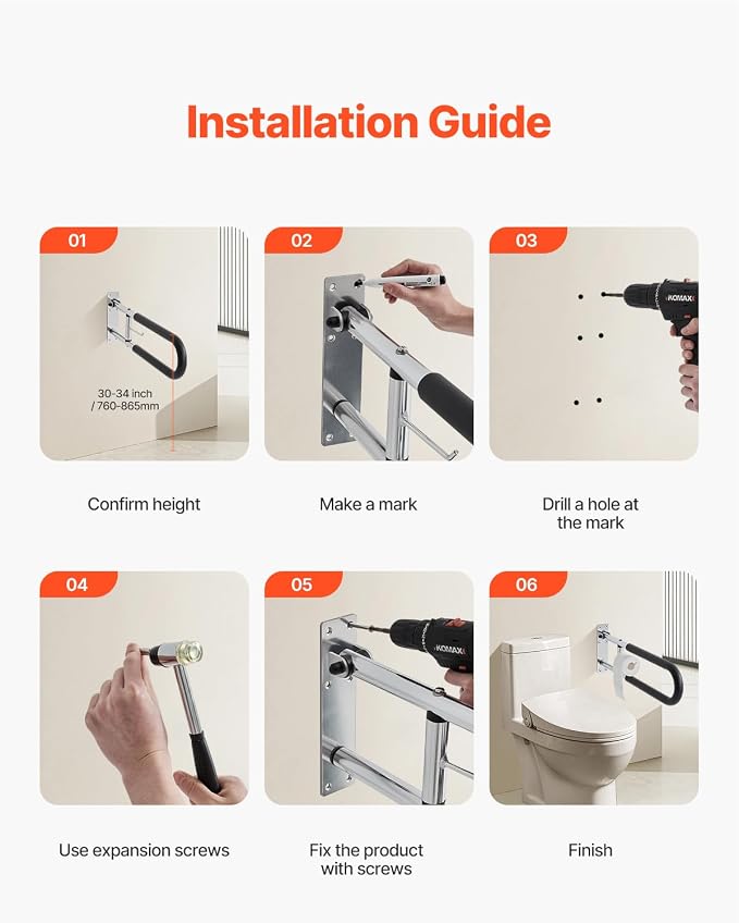 VEVOR Toilet Safety Rail, 30 Inch U-Shaped Handicap Grab Bar, Foldable Senior Safety Pole, Flip Up Toilet Grab Bars with Anti-Slip Handle, 300 Lbs Load Capacity Security Handrail with Paper Holder