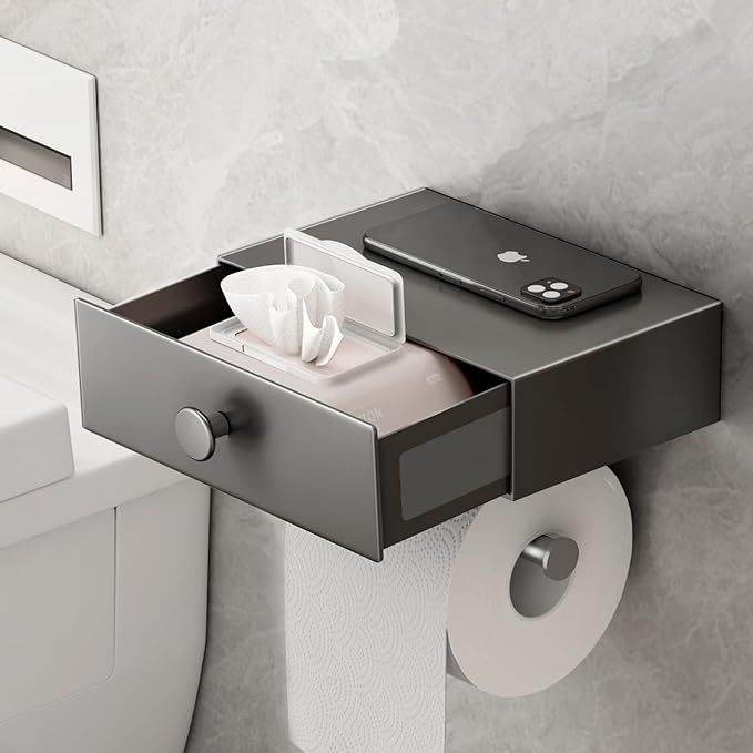 VOLDRA Toilet Paper Holder with Shelf Gray Wipes Dispenser for Bathroom Toilet Paper Holder with Storage Upgrade Drawer Design Toilet Tissue Holder Adhesive Small Bathroom Shelf Wall Mount