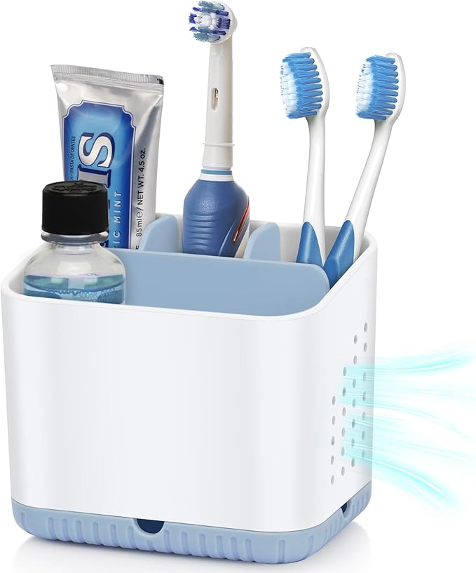 Bathroom Toothbrush Holders, Kids Toothbrush and Toothpaste Holder (Blue) | Easy To Clean, Drainage, Removable, Non-Slip, 4 Slots Tooth Brush Holder for Bathroom Countertop Organizer