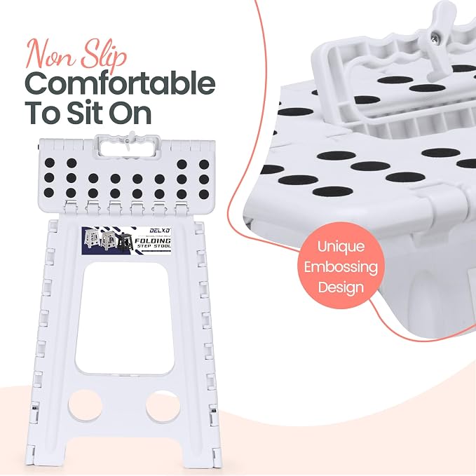 Delxo 17.5 Inch Folding Step Stool,Foldable Step Stool for Adults White | Step Stool with Safety Lock,Portable Collapsible Step Stool,Non-slip Folding Stools for Kitchen Bathroom Bedroom Garden 1PC