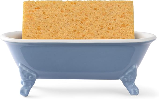 6.5" Ceramic Mini Clawfoot Bathtub Soap Dish, Blue | Decorative, Kitchen Sponge Holder, Shower Tray, 1 Pack