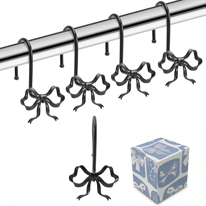Bow Shower Curtain Hooks, 12-Pack Black Metal Decorative Bow Knot Rings | Rust-resistant metal rings with black bow knot accents add decorative charm to bathrooms, guest baths