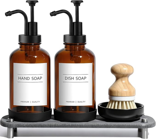 Kitchen Soap Dispenser, 16.9 oz/500 ml Amber Soap Dispenser, Hand and Dish Soap Dispenser Set, Dish Brush, Refillable, for Daily Kitchen Cleaning