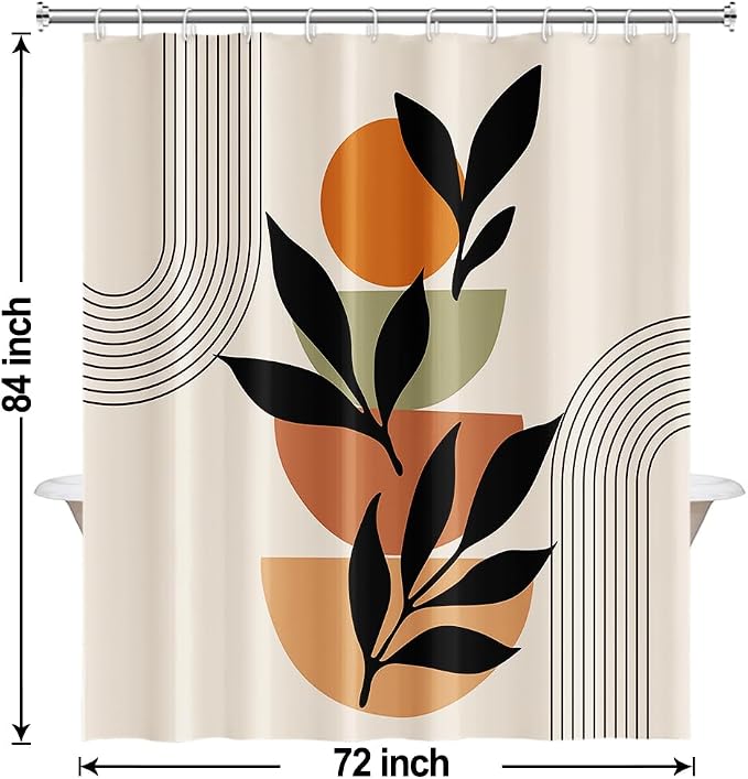 Boho Beige Shower Curtain for Bathroom 72x84 Inch | Waterproof Abstract Black Arch and Leaves Shower Curtain Set with Hooks, Mid Century Bathroom Decor