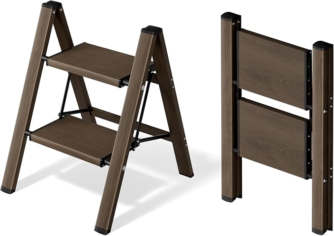 Mayi Plus 2 Step Stool Foldable, Aluminum, Lightweight Step Ladder | Extra-wide anti-slip folding steps with 330 lbs, for home,kitchen,office,outdoor,Walnut