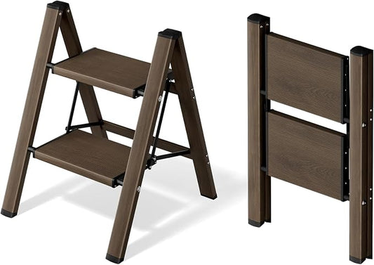 Mayi Plus 2 Step Stool Foldable, Aluminum, Lightweight Step Ladder | Extra-wide anti-slip folding steps with 330 lbs, for home,kitchen,office,outdoor,Walnut