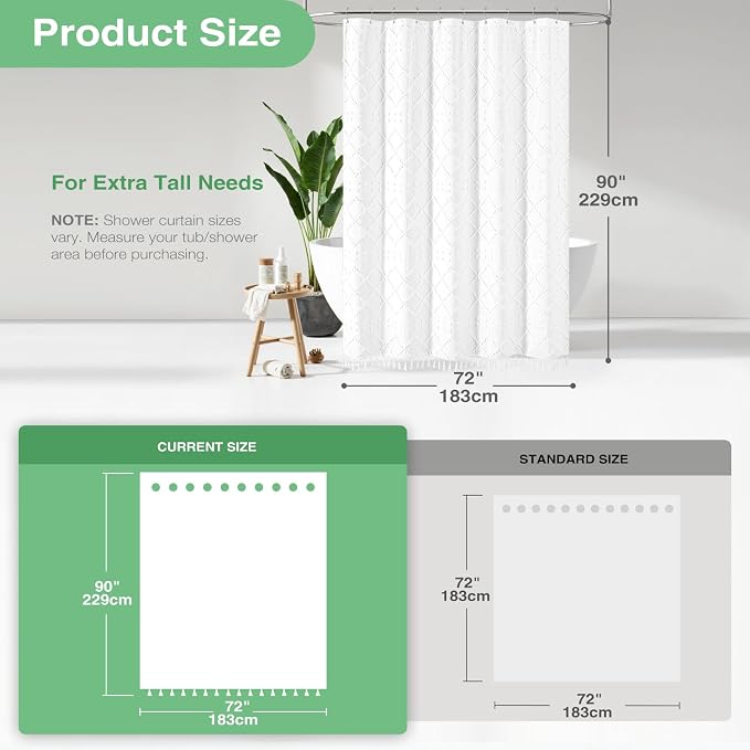 Extra Long Boho Shower Curtain Tufted Geometric 72"x90" White | 90 Inch Tall, Elegant Tassel, Lightweight Textured Fabric, Water Repellent, Washable, Hotel Spa, for Bathroom/Dorm 12 Hooks