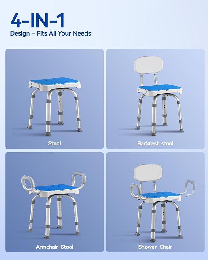 KingPavonini 360° Swivel Shower Chair for Inside Shower, 550 LB Heavy Duty | Stable Flat Tube Frame, Shower Chair for Elderly and Disabled, 360° Swivel with 90° Lock, M-Shaped Anti-Slip Seat, Tool-Free