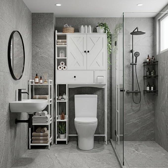 Garvee Over-The-Toilet Storage Rack, Modern Bathroom Organizer | MDF Shelves & Steel Frame, Space-Saving Toilet Shelf for Small Bathrooms, Bathroom Cabinet for Towels & Toiletries, White