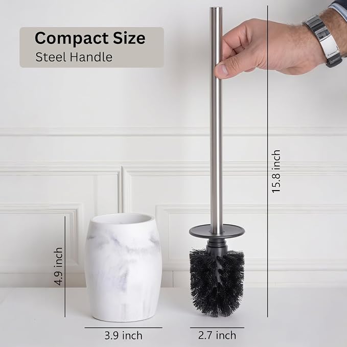 Clasin Home Toilet Bowl Brush and Holder with Stainless Steel Long Handle, Toilet Scrubber Brush with Durable Base, 360° Deep Cleaning Bristles for Bathroom, Compact Set for Small Space (White)