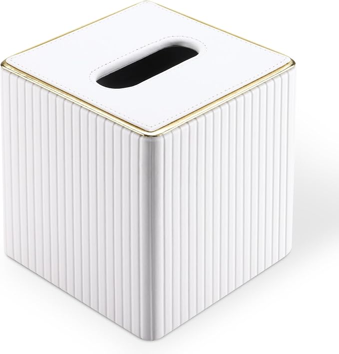 Tissue Box Cover, PU Leather Square Tissue Box Holder for Kleenexs with Magnetic Bottom Cover for Facial Tissues/Napkins, Office & Living Room Decor Box White