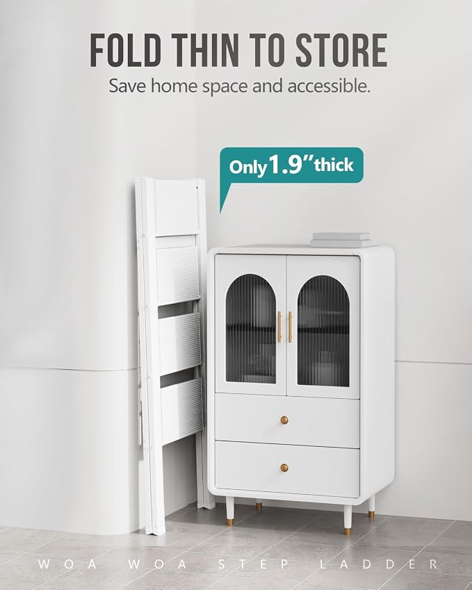 4 Step Foldable Step Stool, 300lbs Load, White | Folded 43''H x 2''T; Net 9.9 lbs; Non-Slip Feet: Wood/Tile/Carpet; Rigid Aluminum Steps; No Assembly; Ready From Box.