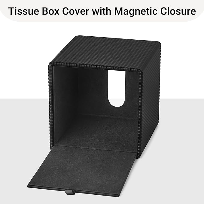 Mkono Tissue Box Cover, PU Leather Square Holder with Bottom, Black | Decorative Facial Cube Organizer, Vanity Dresser Countertop Tabletop, Bathroom Bedroom Office Nightstand, Home Decor Accent