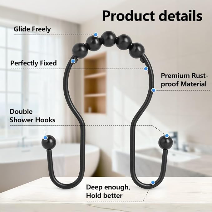 Resze 12PCS Shower Curtain Hooks, Sturdy Metal Shower Curtain Rings(Black) | Glide Roller Double Shower Hooks, Rust Proof Anti-Drop Curtain Hooks, Smooth Sliding Rings for Bathroom Shower Rods Curtains