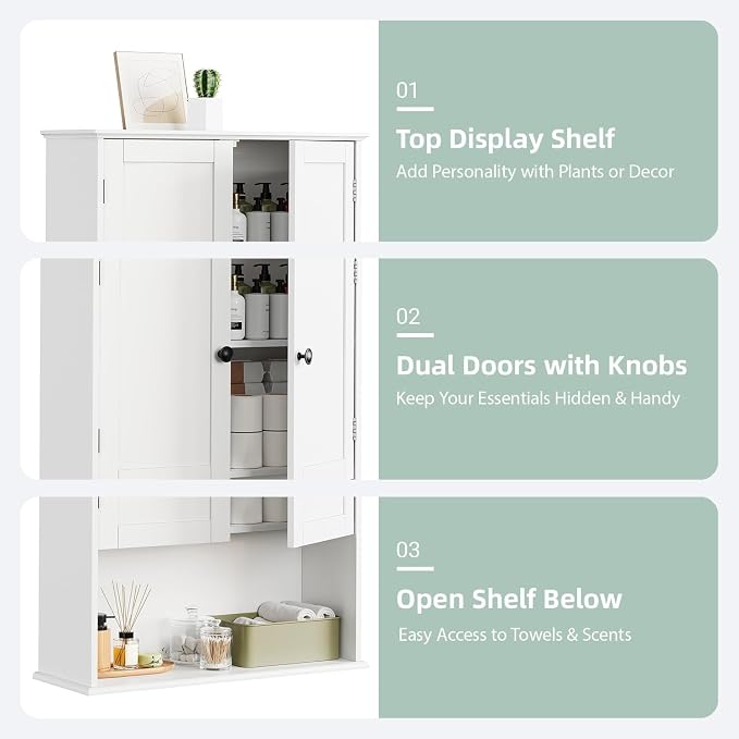 Bathroom Wall Cabinet, 30" x 24" White Painted Finish Wooden Wall Mounted Medicine Cabinet with 3 Level Adjustable Shelf, Over the Toilet Storage Cabinet, Wall Storage Cabinet for Bathroom