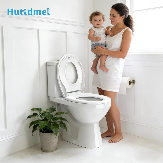 Huttdmel Round Toilet Seat with Toddler Seat Built In, 2 in 1 Adult & Child, Soft Close Quiet Lid, Magnetic Child Seat, Top & Bottom Mount, Never Loosen Hinges, Fits Standard Round Toilets, White