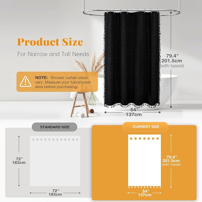 54x78 Boho Farmhouse Linen Heavy Duty Fabric Shower Curtain Set, Black | Narrow Long Size, 330GSM Linen Blend, 3-side Tassels, Waterproof Cloth, 10 Plastic Hooks, Rustic Bohemian, Machine Washable