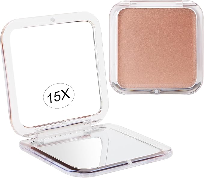 SANTOO Compact 15X Magnifying Makeup Mirror for Travel, Small Pocket Mirror-Handheld, Foldable & Portable 2-Sided with 15X Magnifying and 1X Mirror for Purses - Square 3.3 x 3.3 inch (Rose Gold)