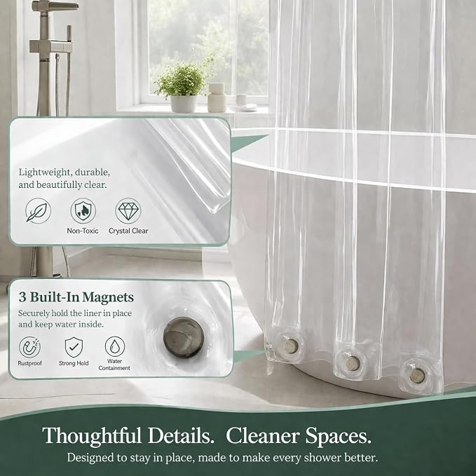 EHZNZIE Crystal Clear Shower Curtain Liner 54x78, PEVA Waterproof Bath Curtain, No Chemical Smell, Weighted Magnets, Durable with 9 Rustproof Metal Grommets