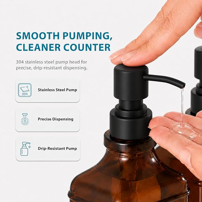 Amber Glass Soap Dispesner Set 2 16.9oz Kitchen Sink Luxury Bathroom Decor | Anti-leak Stainless Steel Pump, Bamboo Tray Silicone Funnel, Refillable Bottles with Waterproof Labels Residue Free