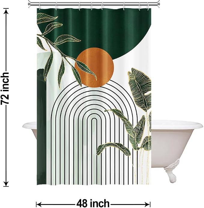 Abstract Boho Green Stall Shower Curtain with Hooks 48x72 Inch | Waterproof Small Emerald-green Leaves Bathroom Curtain for Shower Stall, Machine Washable