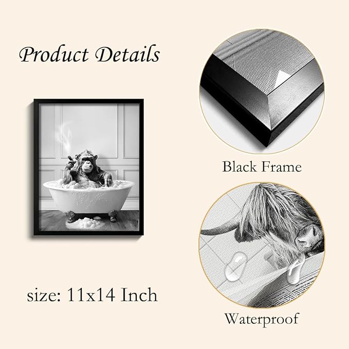 Framed Bathroom Decor Wall Art, Chimpanzee in Bathtub, Black and White Wall Art, Funny Bathroom Wall Decor Signs, Cute Animal Art Decoration (Framed,11''x14'')