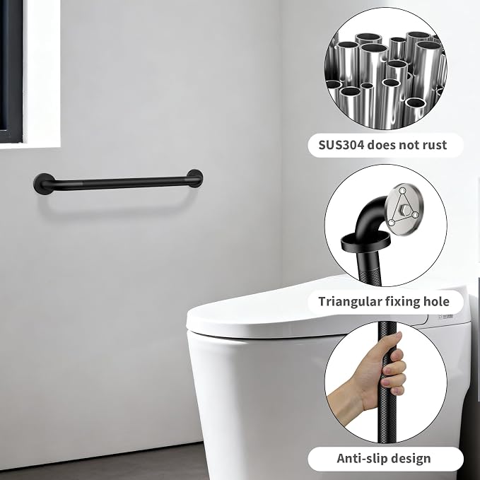 ZUEXT 2 Pack 24 Inch Black Anti Slip Shower Grab Bar with Knurled Grip | Bathroom Balance Support Rail, Assist Handle for Handicap Seniors, Wall Mount Stainless Steel Bath Safety Handrail, 1.25" Dia