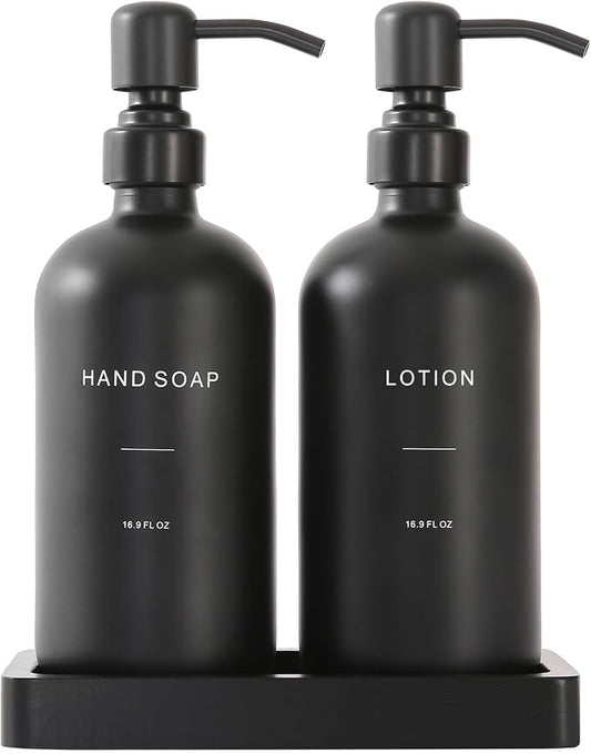 Prus Waso Black Soap Dispenser Bathroom Set | Soap and Lotion Dispenser Set with Stainless Steel Pump, Perfect for Bathroom Decor