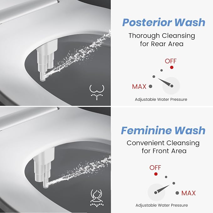 Bidet Attachment for Existing Toilet Seats, Ultra-Slim, Non Electric, Dual Nozzle, Rear & Feminine Wash, Fresh Cold Water Sprayer, Badays Bedets Bedits Badette Bidgets, Silver