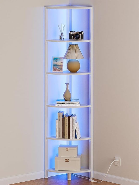 6 Tier Corner Shelf with LED Light, 67.5" White Narrow Bookshelf | Tall Standing Shelf Organizer, Storage Rack for Wall Corner, Living Room, Bedroom, Metal Frame, Wood Display Shelf