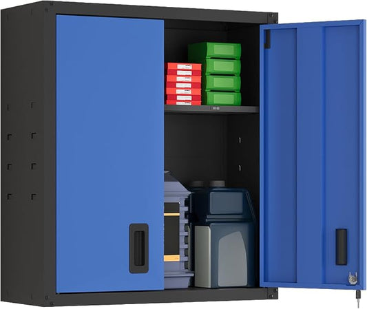 30 Inch Metal Wall Cabinet, Metal Wall Cabinet for Garage, Blue | Wall Mount Cabinet with Lock and Adjustable Shelf, Lockable Storage Cabinet for Home Office,Garage,Gym,School