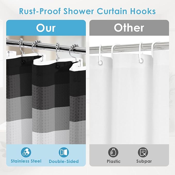 3 in 1 Shower Curtain and Liner,72 x 72 inch, Striped Grey | Black White Shower Curtain and PEVA Liner Set with 12 Rust-Resistant Metal Hooks, Waterproof Fabric Curtains for Bathroom