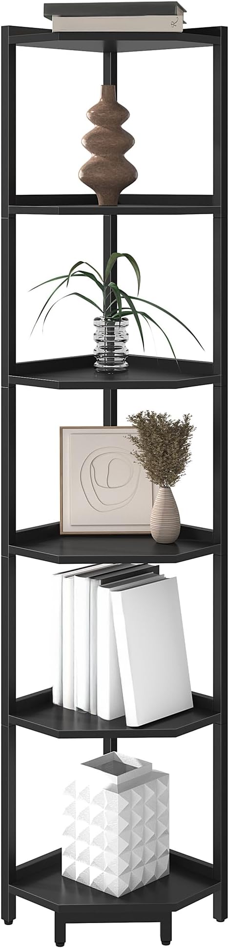 Hzuaneri Corner Shelf Stand 6-Tier Corner Bookshelf Storage Standing Shelf | Bookcase Plant Stand with Metal Frame for Living Room, Home Office, Bedroom, Black CS06006B