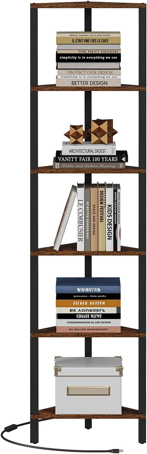 TUTOTAK Corner Shelf with LED Light, 6-Tier Corner Bookshelf | for Small Space, Narrow Display Corner Shelf Stand with Storage Rack, for Living Room, Bedroom, Rustic Brown BS05BB006L