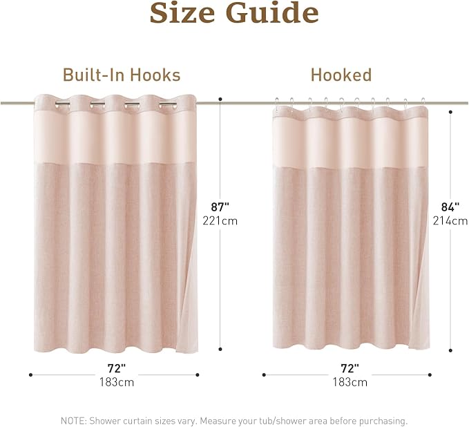 72x87 Ringless Linen Textured Shower Curtain with Snap in Liner, Blush | Extra Long Size, 3 in 1 Durable Fabric Shower Curtain, Removable Liner, Waterproof & Washable, Mesh Top Window, Easy Setup