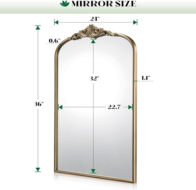 Vintage Gold Mirror, 24"x36" Antique Gold Bathroom Arched Mirrors | Wall Ornate Arch Brass Baroque Mirror Over Sink, Bedroom, Fireplace, Entryway, Living Room, Vantiy, Hanging or Leaning