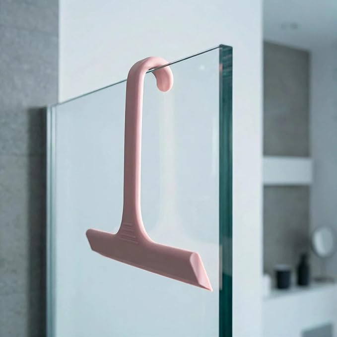 Silicone Shower Squeegee - All-in-One Design with Built-in Hook, 10 Inch Streak-Free Bathroom and car Cleaner for Glass Doors, Mirrors, Windows, Tiles Pink