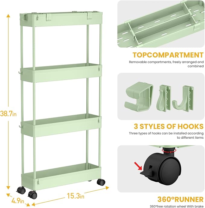 Slim Storage Cart 4 Tier,Bathroom Organizer Rolling Utility,Mobile Shelving Unit Slide Out for Office, Kitchen, Laundry Room & Narrow Places，Green