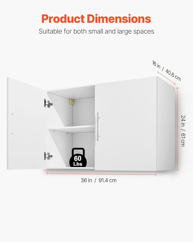 VEVOR Laundry Room Wall Cabinet, 2-Tier Wall Mounted Hanging Cabinet with Adjustable Shelf, 36 in Cupboard Storage with 2 Doors, for Kitchen, Bathroom, Laundry, 16 x 36 x 24 in (D x W x H), White