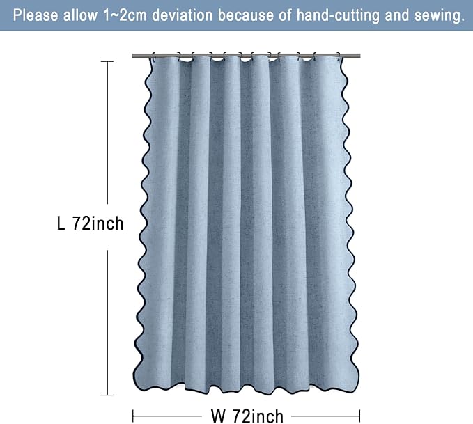 Scalloped Shower Curtain Linen Boho Flax Blue Grey 72" W x 72" L | Linen Fabric, Black Border, Washable, Heavy Duty Cloth, Shower Curtain for Boho Farmhouse Bathroom Bathtub