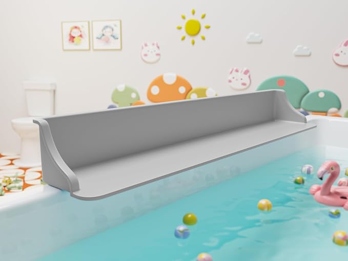 Cushore 3-Ft Bathtub Splash Guard PlayPad with Strong Suction Cups, Toy Tray Caddy Holder Storage, No-Leak, Mess-Free Bath Time for Kids, Grey