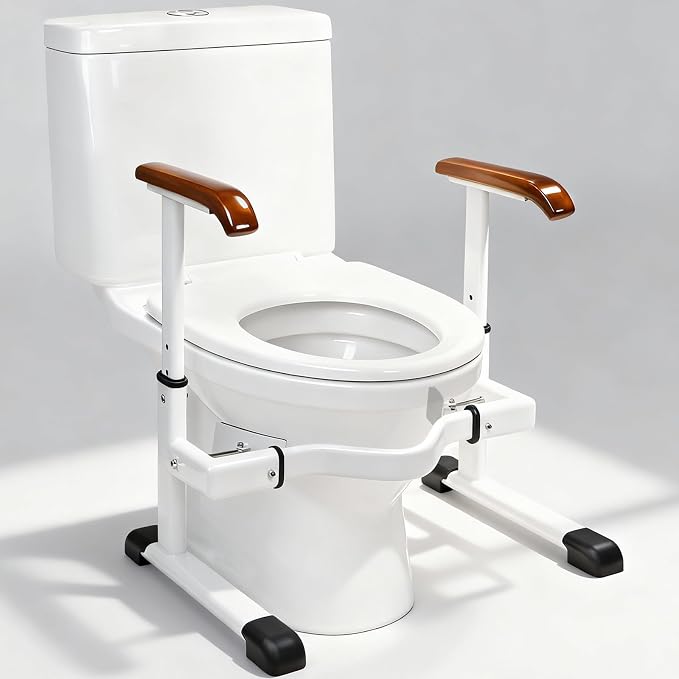 Toilet Safety Rails for Elderly with Solid Wood Handles, Heavy Duty Thickened Toilet Safety Frame, 520 LBS Capacity, Adjustable Height & Width, Handles for Seniors & Disabled