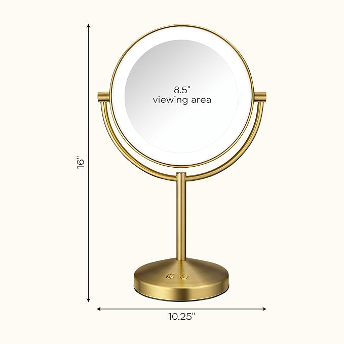 Conair LED Vanity Mirror, Double-Sided, 10x Maginification, Brushed Brass | Lighted makeup mirror with 3 color modes, 360° rotation, a satin nickel finish, a 5-foot power cord, and an 8.5" mirror